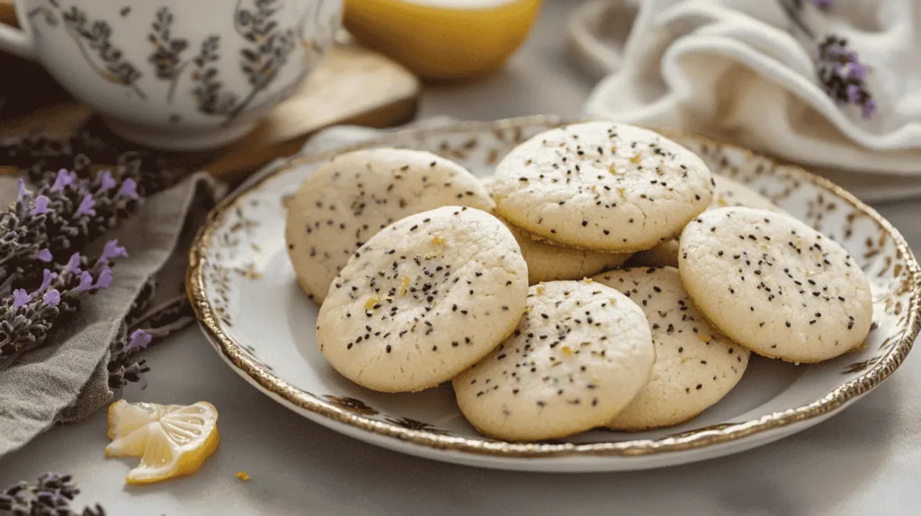 Earl Grey cookies with lavender and lemon zest served on a porcelain plate