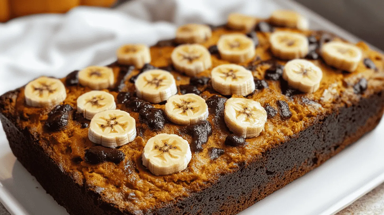 Freshly baked Pumpkin Banana Loaf on a wooden table with ingredients.