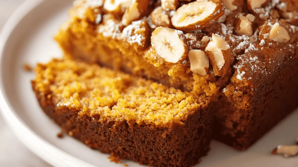 Close-up of sliced Pumpkin Banana Loaf with nuts