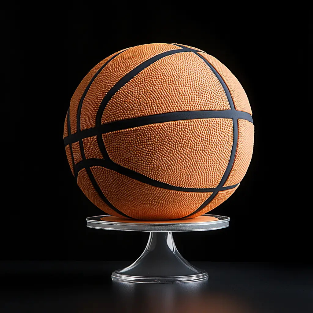  A realistic 3D basketball cake with fondant texture and black seams.
