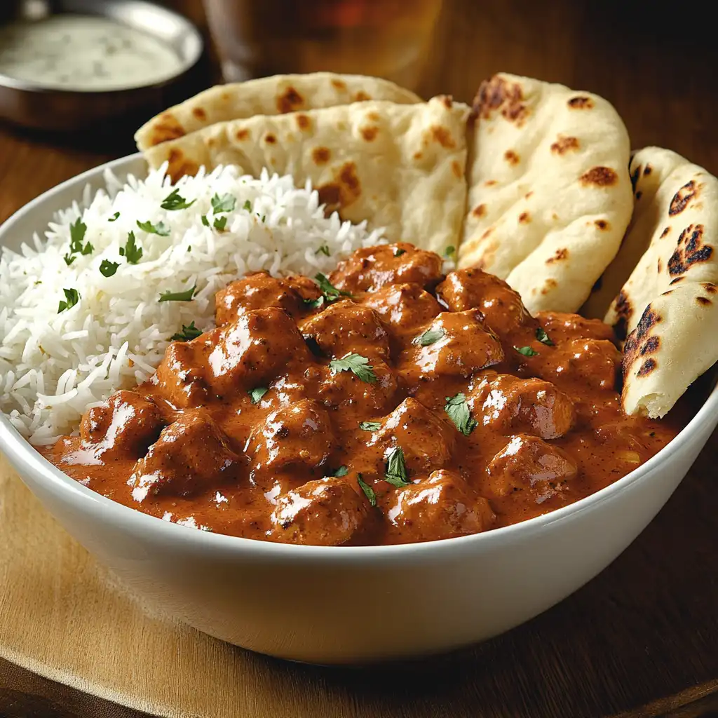 A bowl of chicken tikka masala served with naan bread and basmati rice