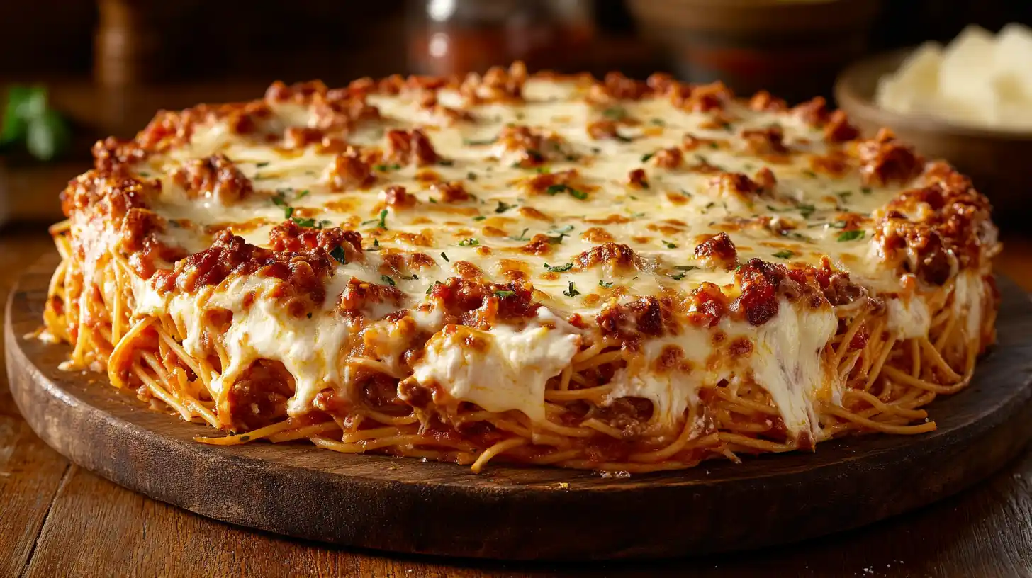 A freshly baked cream cheese spaghetti casserole with melted cheese on top, served in a rustic dish.