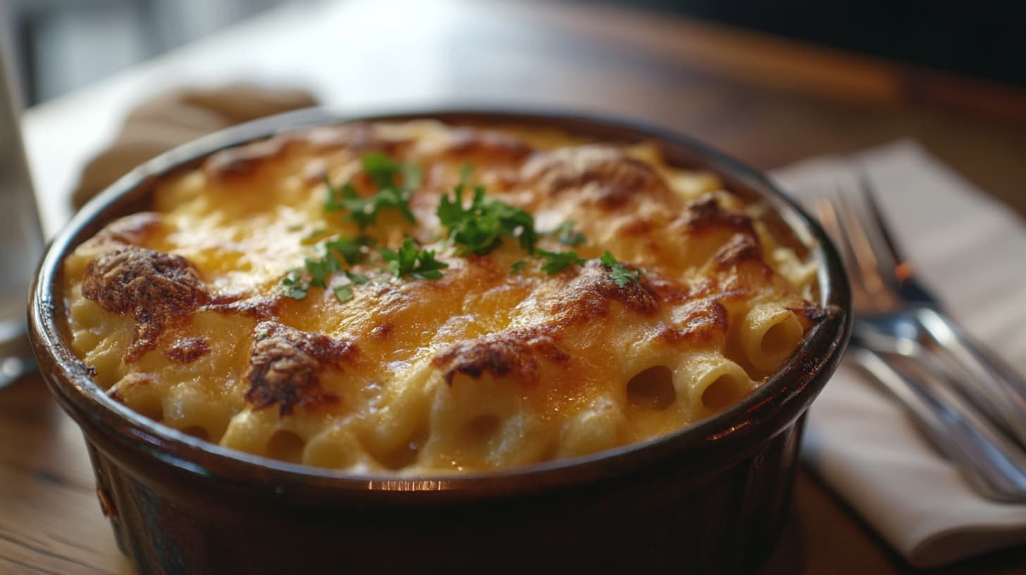 Baked mac and cheese dish with golden crust