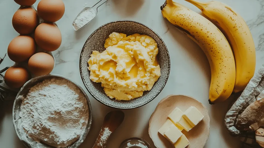 Ingredients for banana bread recipe with 2 bananas