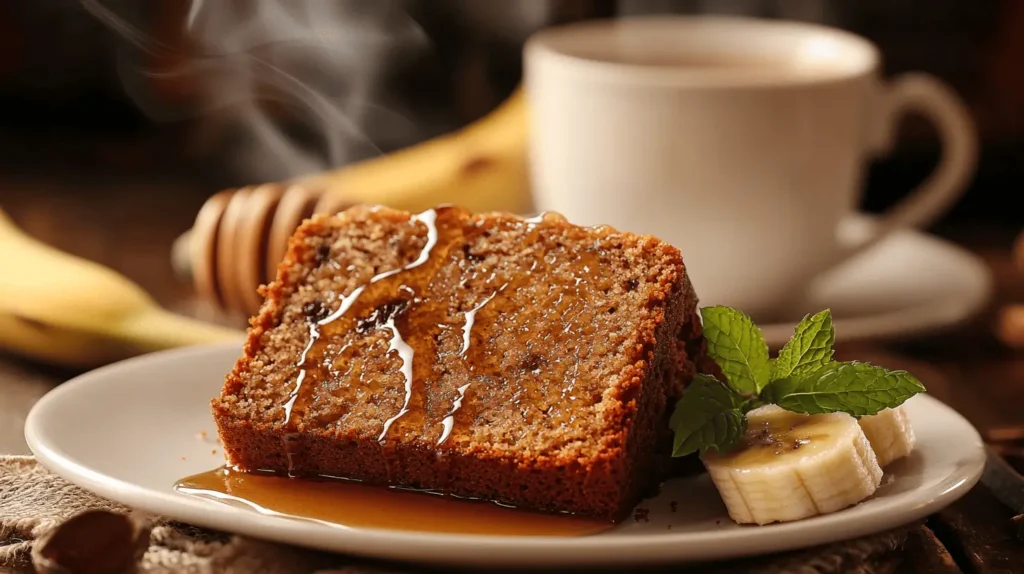 A slice of banana bread served with honey and coffee