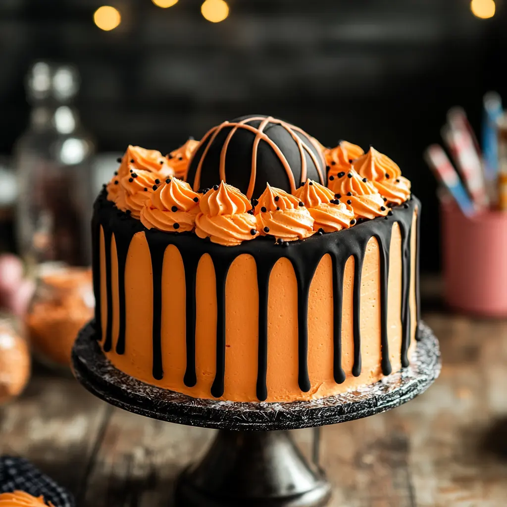 A perfectly decorated basketball cake with orange frosting and black lines.