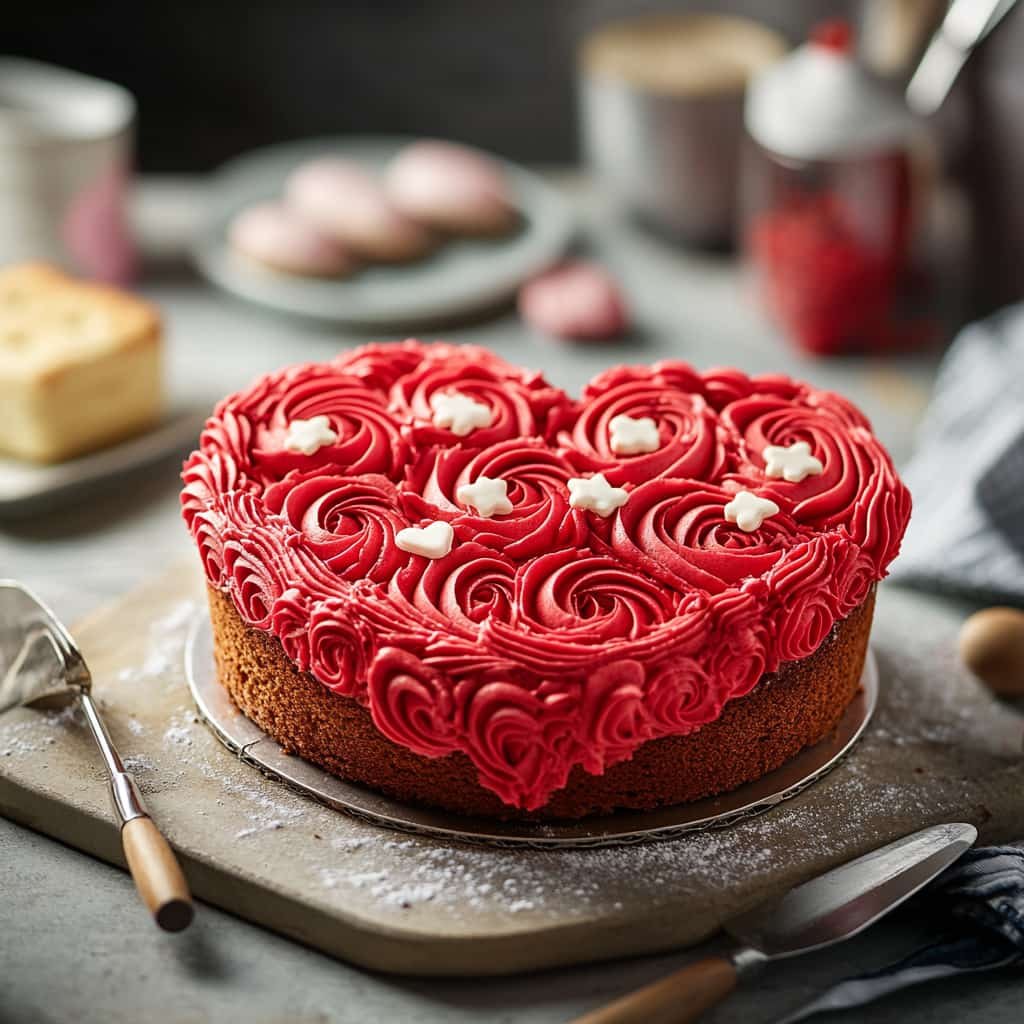 Freshly baked heart cake with red frosting and edible accents