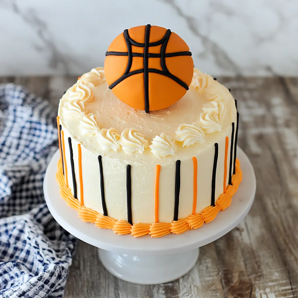 A simple basketball cake with buttercream frosting and toppers.
