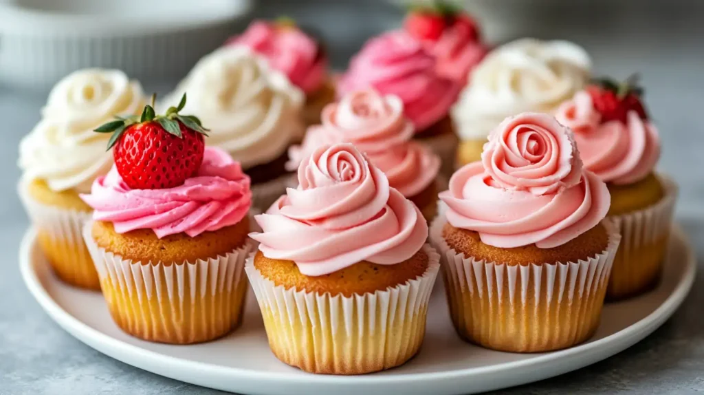 A plate of strawberry cupcakes with different frosting styles.