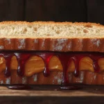 A close-up of a homemade bread grain peanut butter and jelly sandwich.