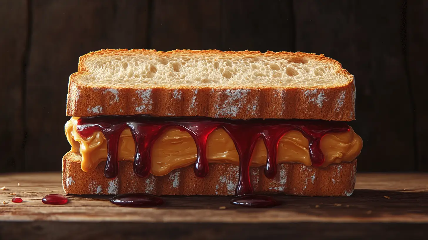 A close-up of a homemade bread grain peanut butter and jelly sandwich.