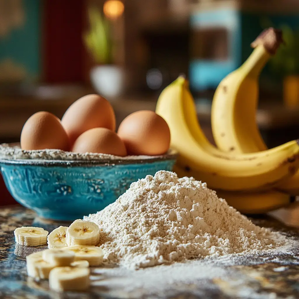 Ingredients for banana bread recipe without butter neatly arranged on a counter