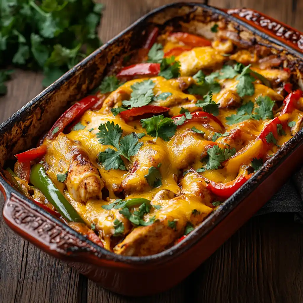 Cheesy Baked Fajita Chicken in a baking dish with bell peppers and melted cheese.