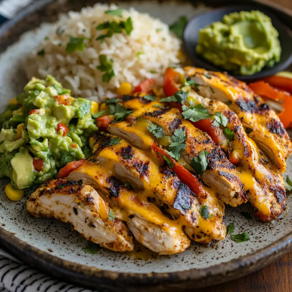  A serving of Cheesy Baked Fajita Chicken with cilantro lime rice and guacamole.
