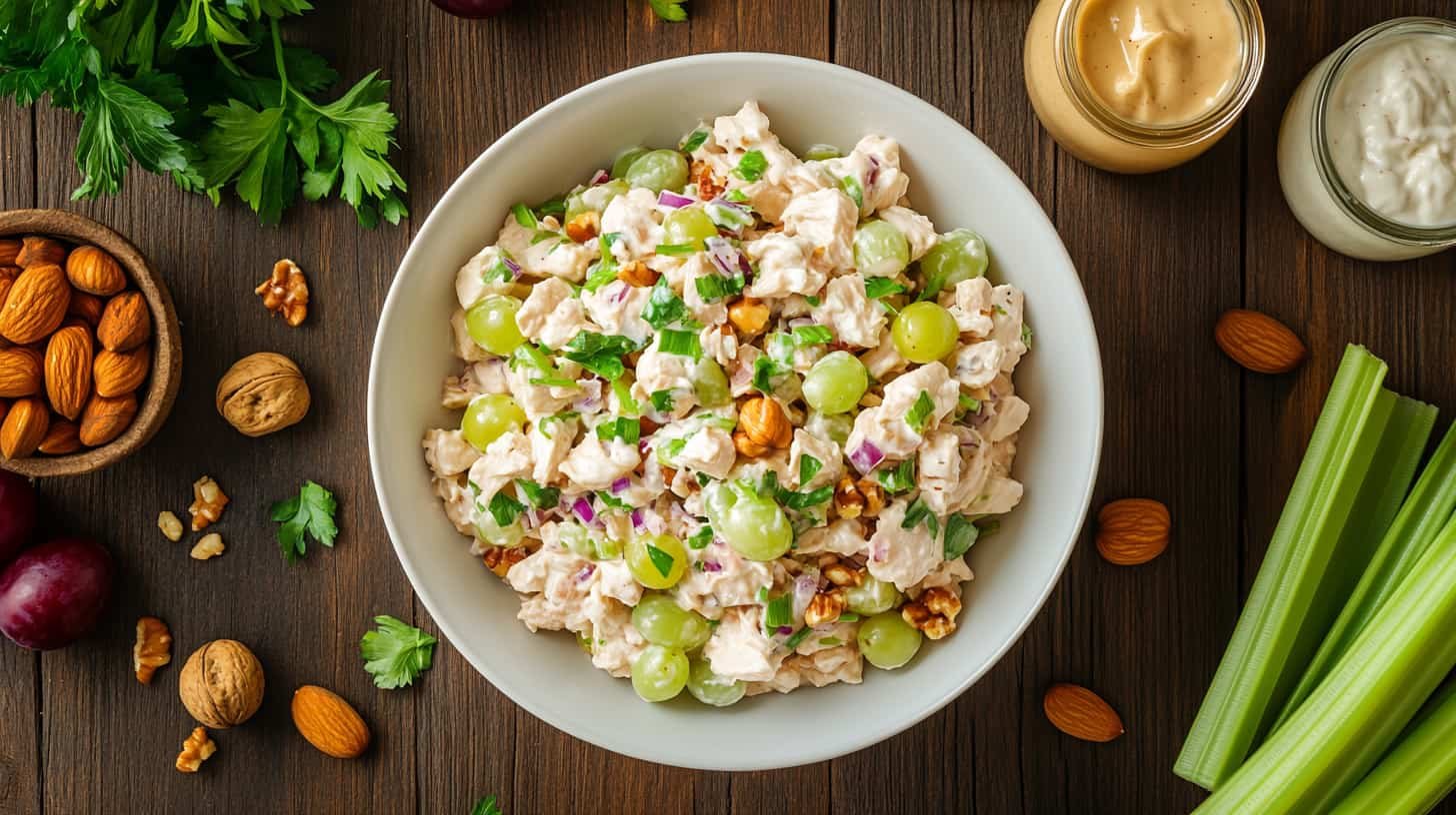 Nutty Nana chicken salad garnished with pecans and parsley.