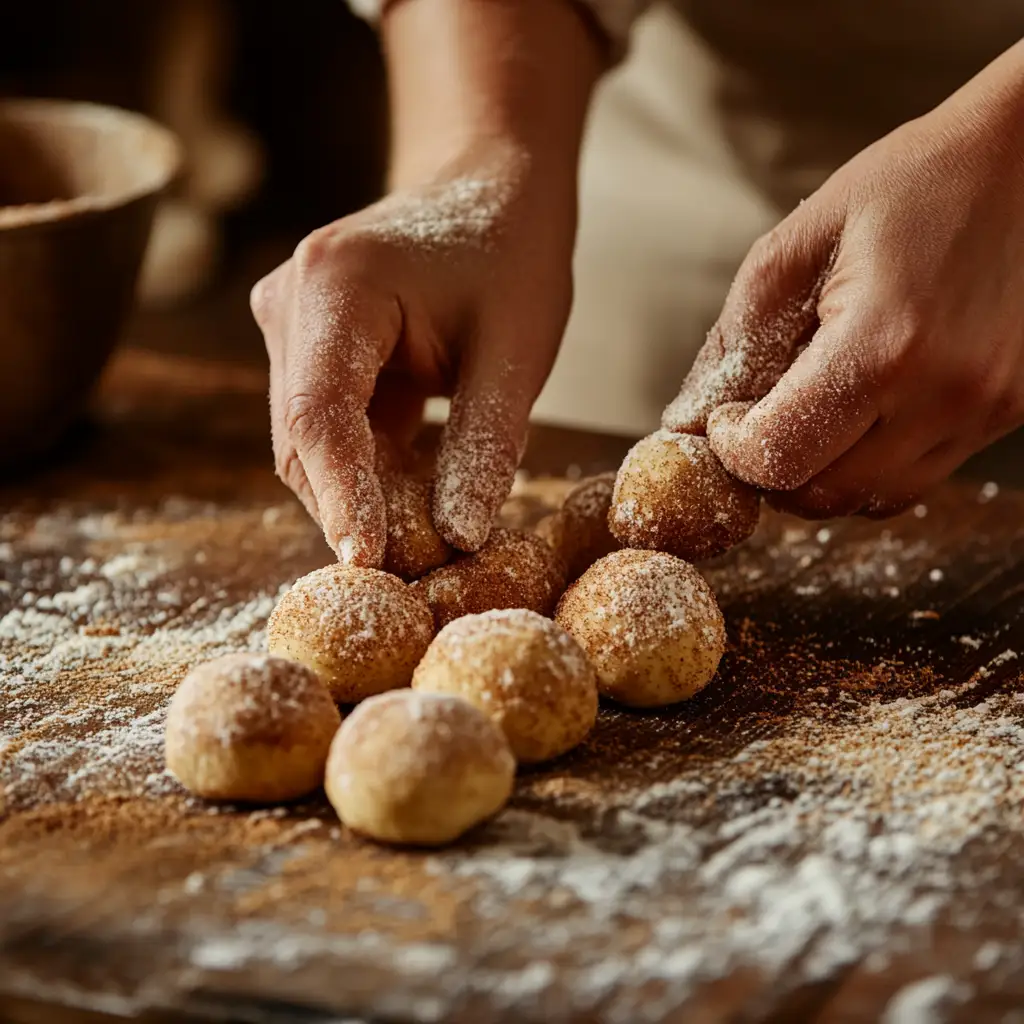 Rolling snickerdoodle dough in cinnamon sugar.
