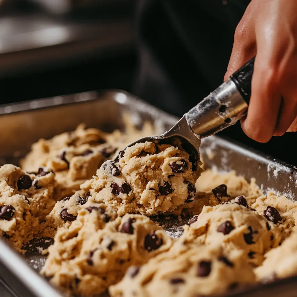 Cookie dough being scooped onto a baking tray.
