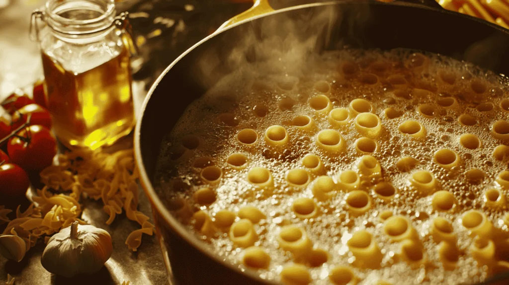 Ditalini pasta cooking in boiling water with fresh ingredients.