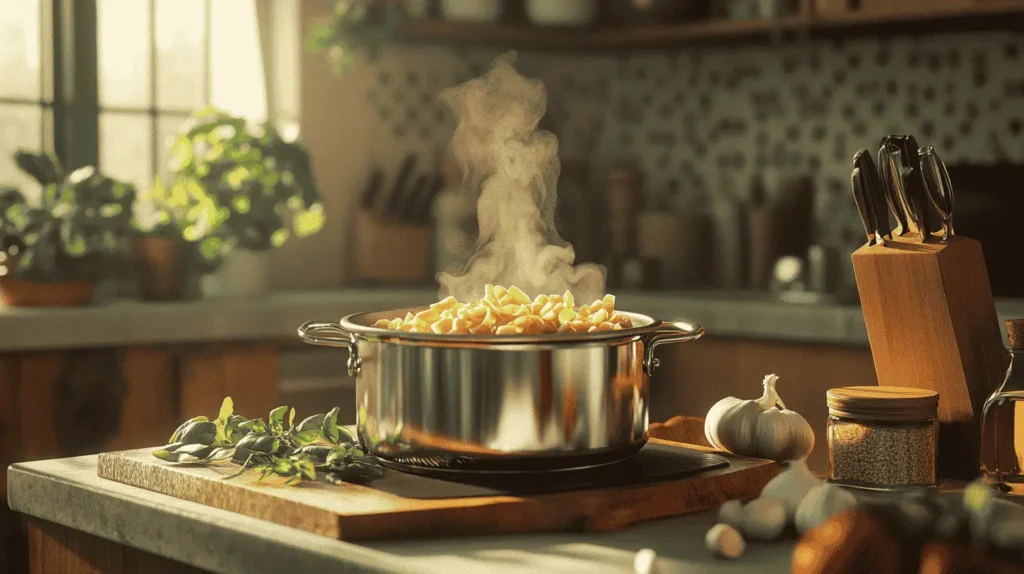 Mafaldine pasta boiling in a pot surrounded by fresh ingredients