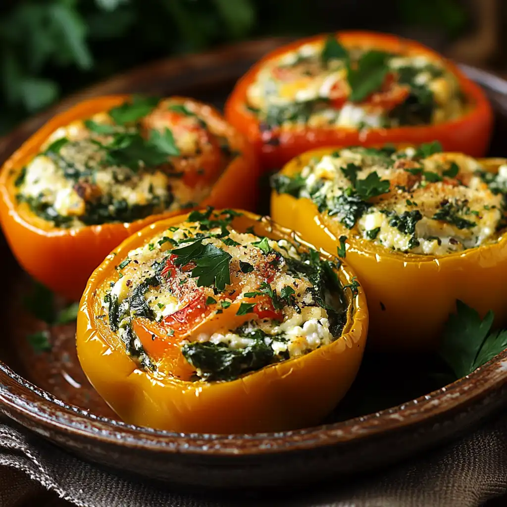 Golden-baked stuffed bell peppers filled with creamy cottage cheese and fresh spinach.