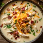 A creamy bowl of Crack Chicken Noodle Soup with bacon and cheese.