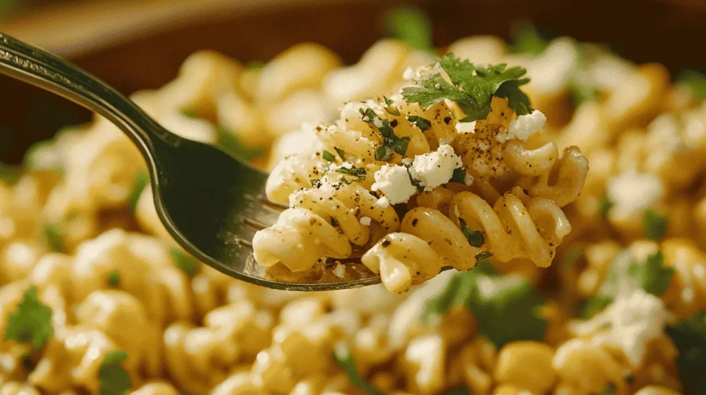 Forkful of creamy elote pasta salad.