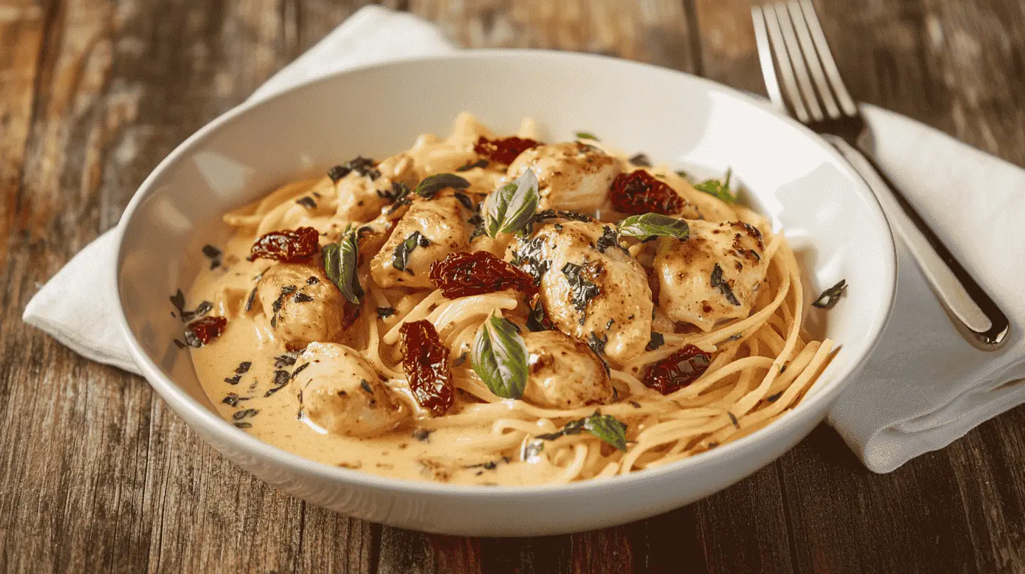 Marry Me Chicken Pasta on a Wooden Table