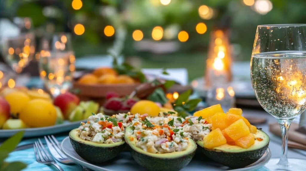 Chicken salad served in avocado halves with fruit salad on the side.