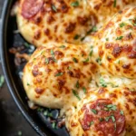 A close-up shot of freshly baked cheesy pepperoni pizza bombs with melted cheese oozing out, served with marinara sauce.