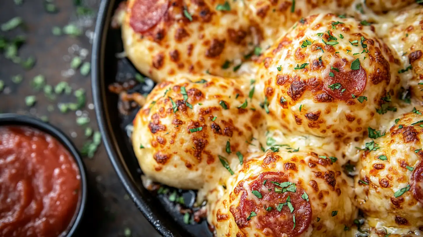 A close-up shot of freshly baked cheesy pepperoni pizza bombs with melted cheese oozing out, served with marinara sauce.