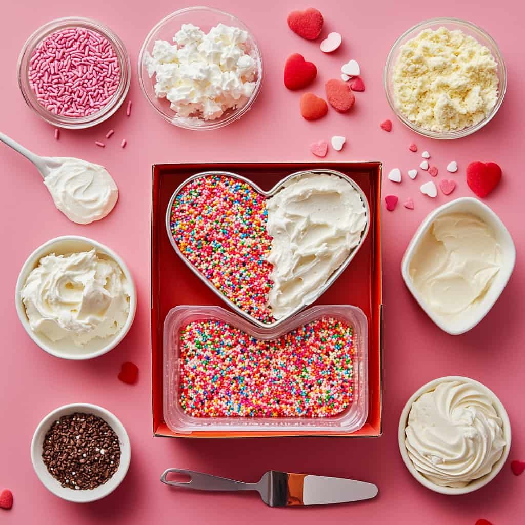 DIY heart cake kit with ingredients and tools for baking