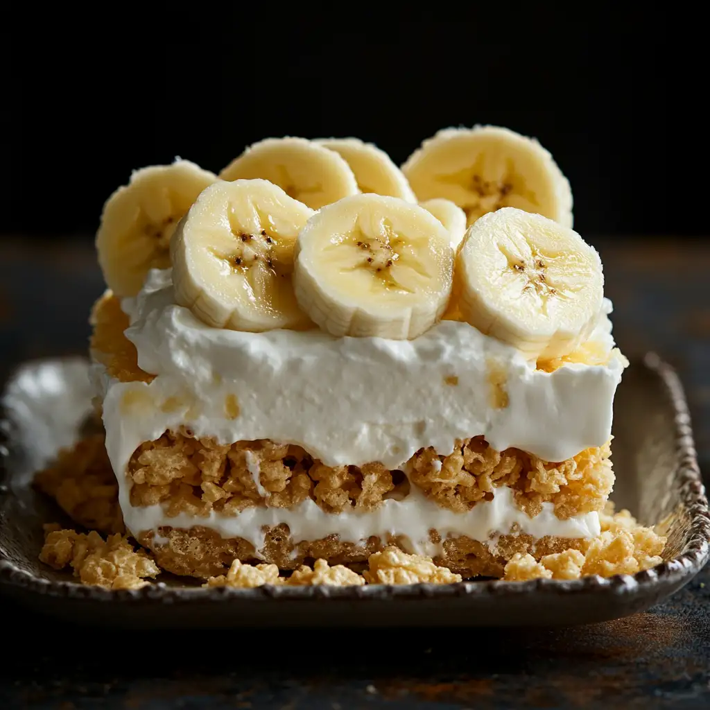 A close-up of Banana Pudding Rice Krispies showcasing creamy layers and crispy textures