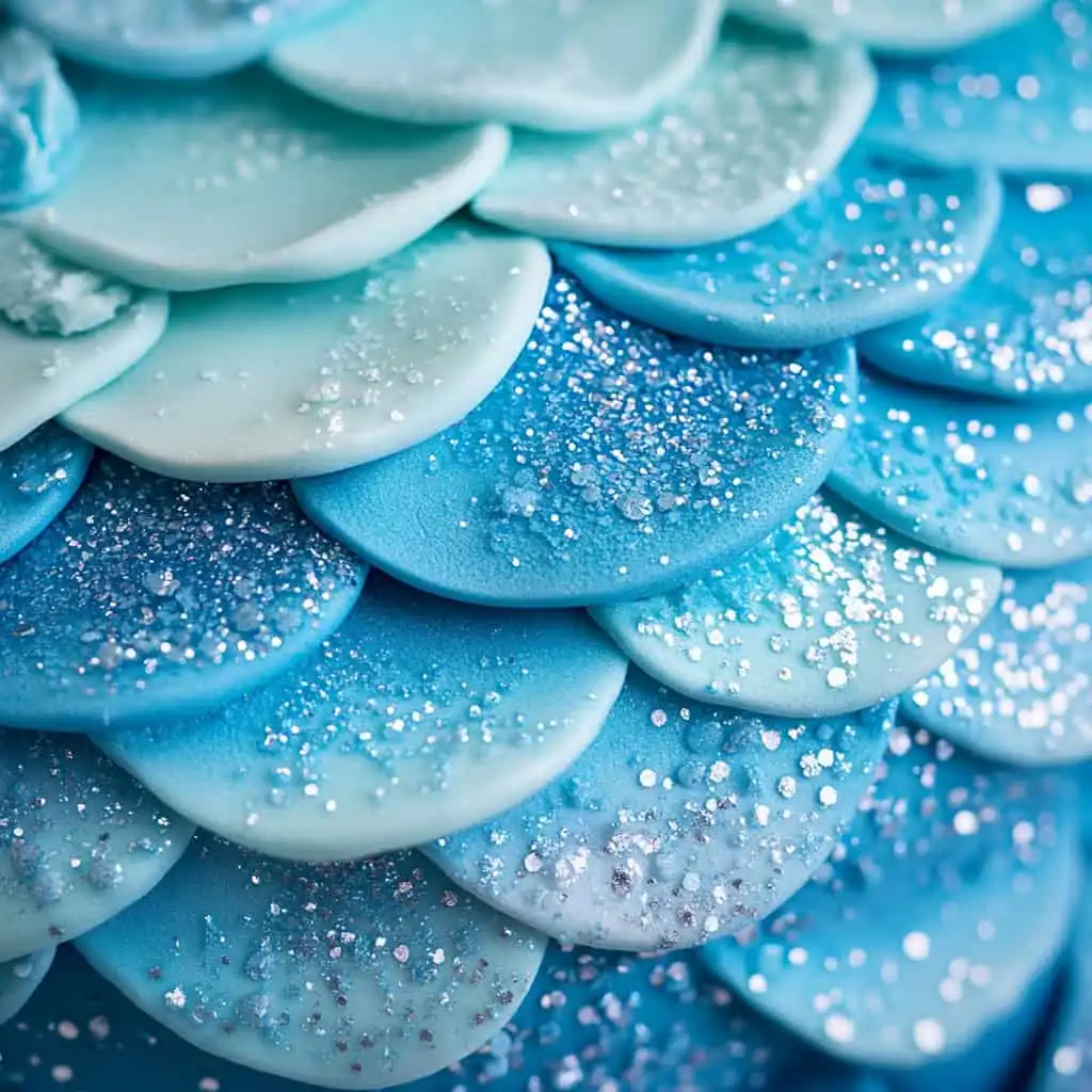 Buttercream scales in blue tones with edible glitter and fondant seashells.
