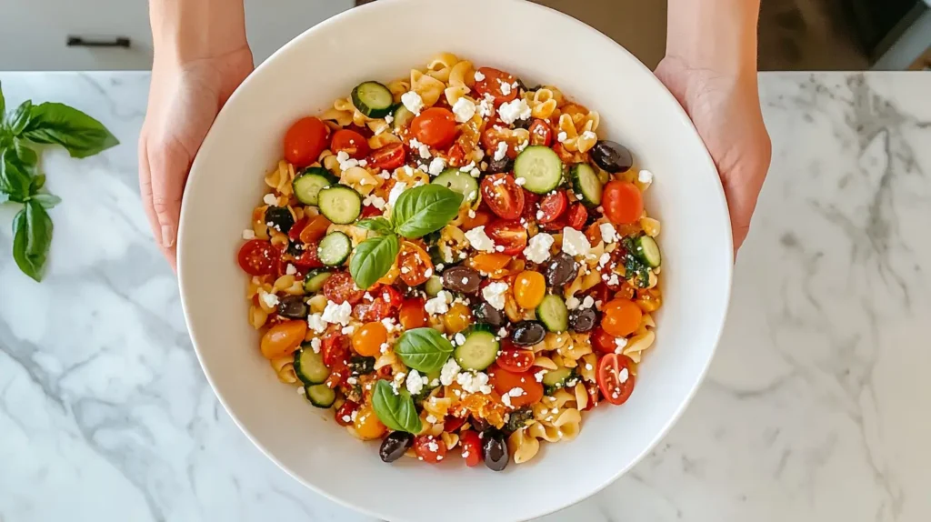 Mediterranean ditalini pasta salad with fresh vegetables and feta.