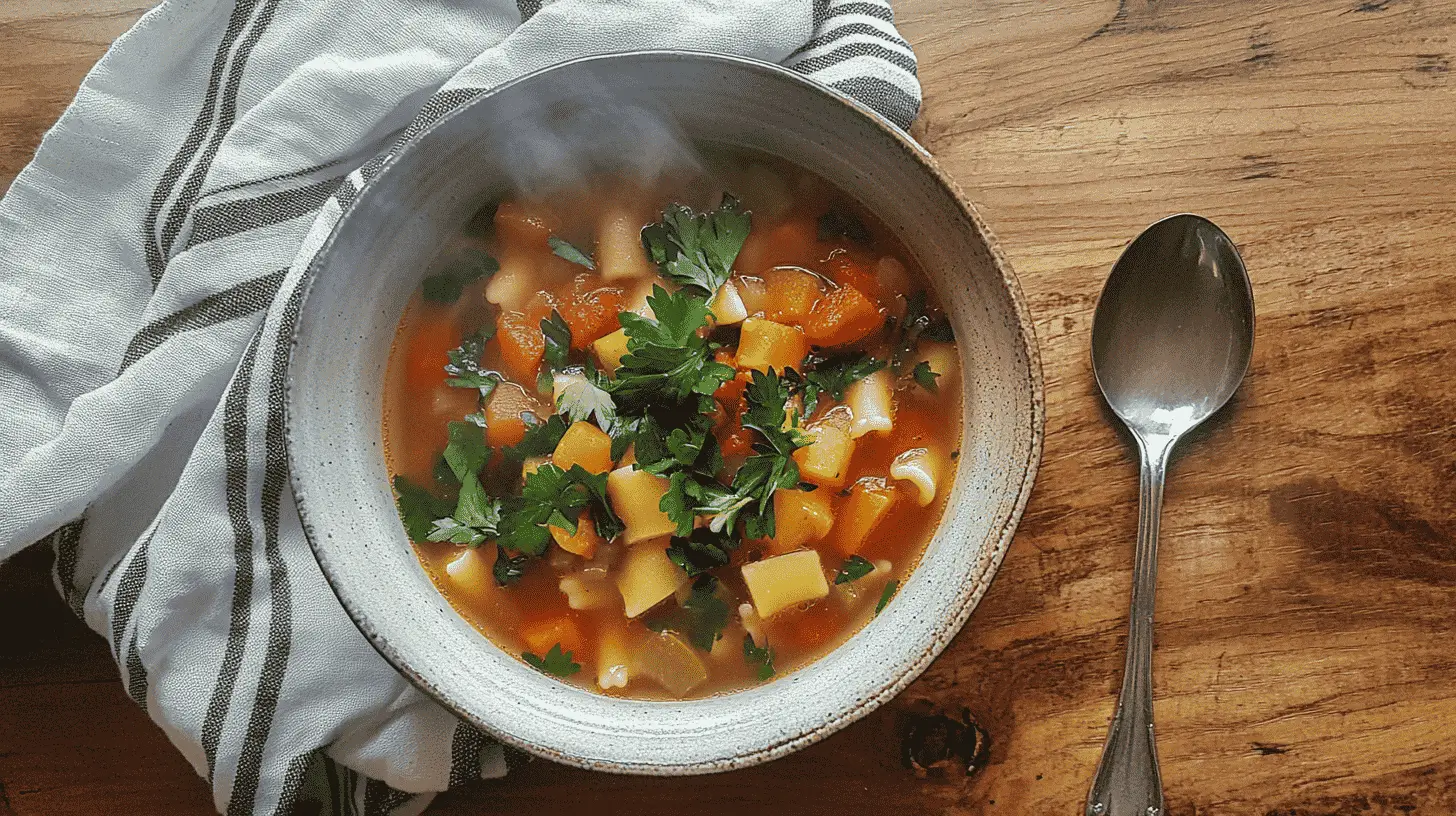 Bowl of steaming ditalini pasta soup with vegetables.