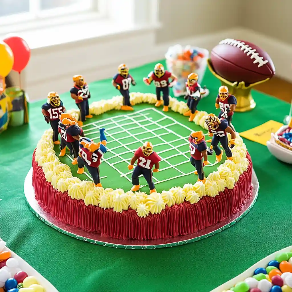  A football field sheet cake with edible decorations on a game day table.
