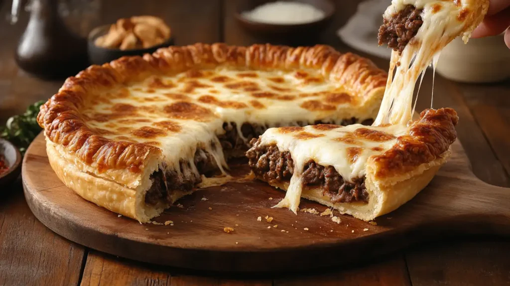  A hot, cheesy Beef Pizza Pie being sliced, with gooey cheese stretching.