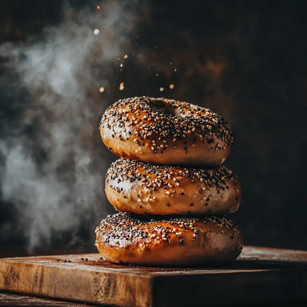 Freshly baked sourdough bagels with a golden crust and toppings