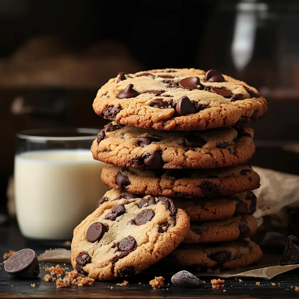 A stack of chewy chocolate chip cookies without brown sugar beside a glass of milk.