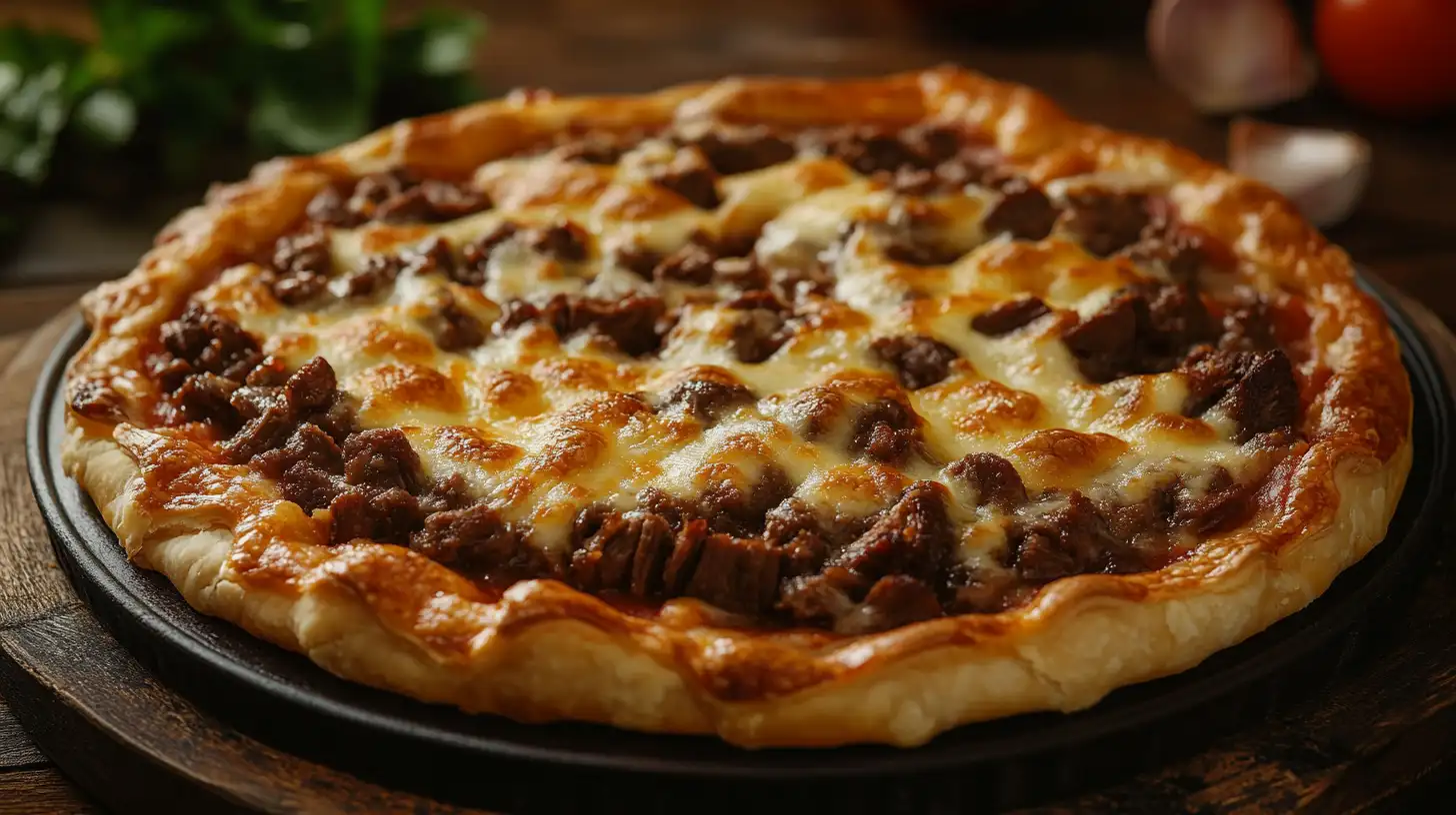 A golden, cheesy Beef Pizza Pie with a crispy crust and juicy beef filling.