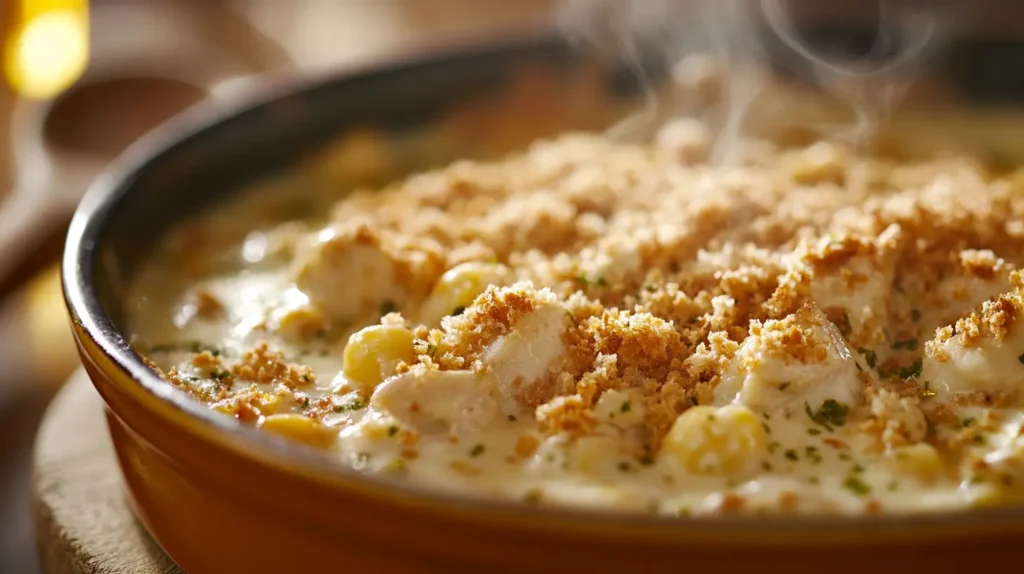 Golden chicken casserole made with leftover rotisserie chicken.