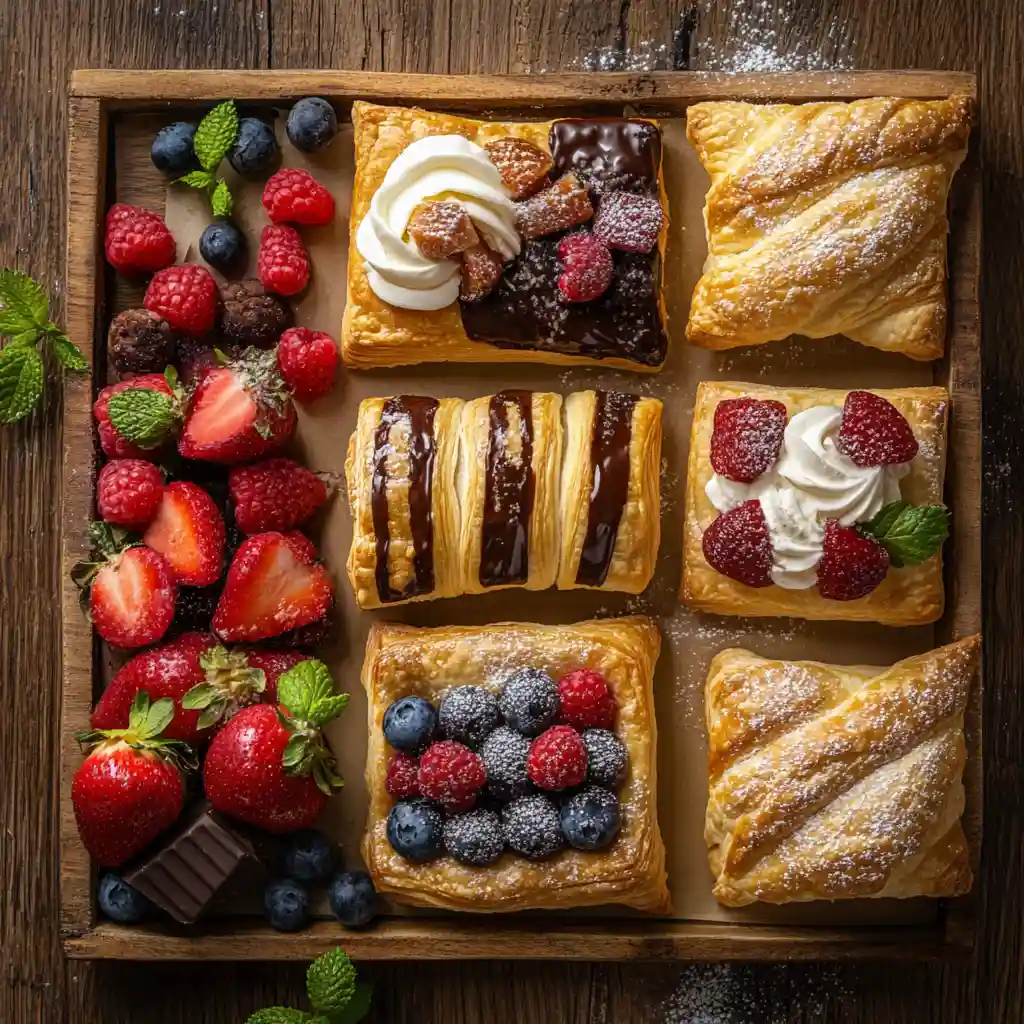 A tray of golden, flaky puff pastry desserts with fruit and chocolate fillings, sprinkled with powdered sugar.