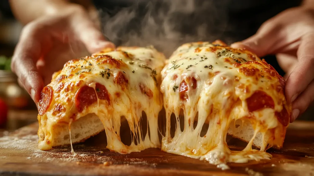 A pizza bomb being pulled apart, revealing gooey melted mozzarella inside.