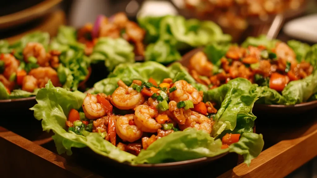 Shrimp lettuce wraps with peanut sauce.