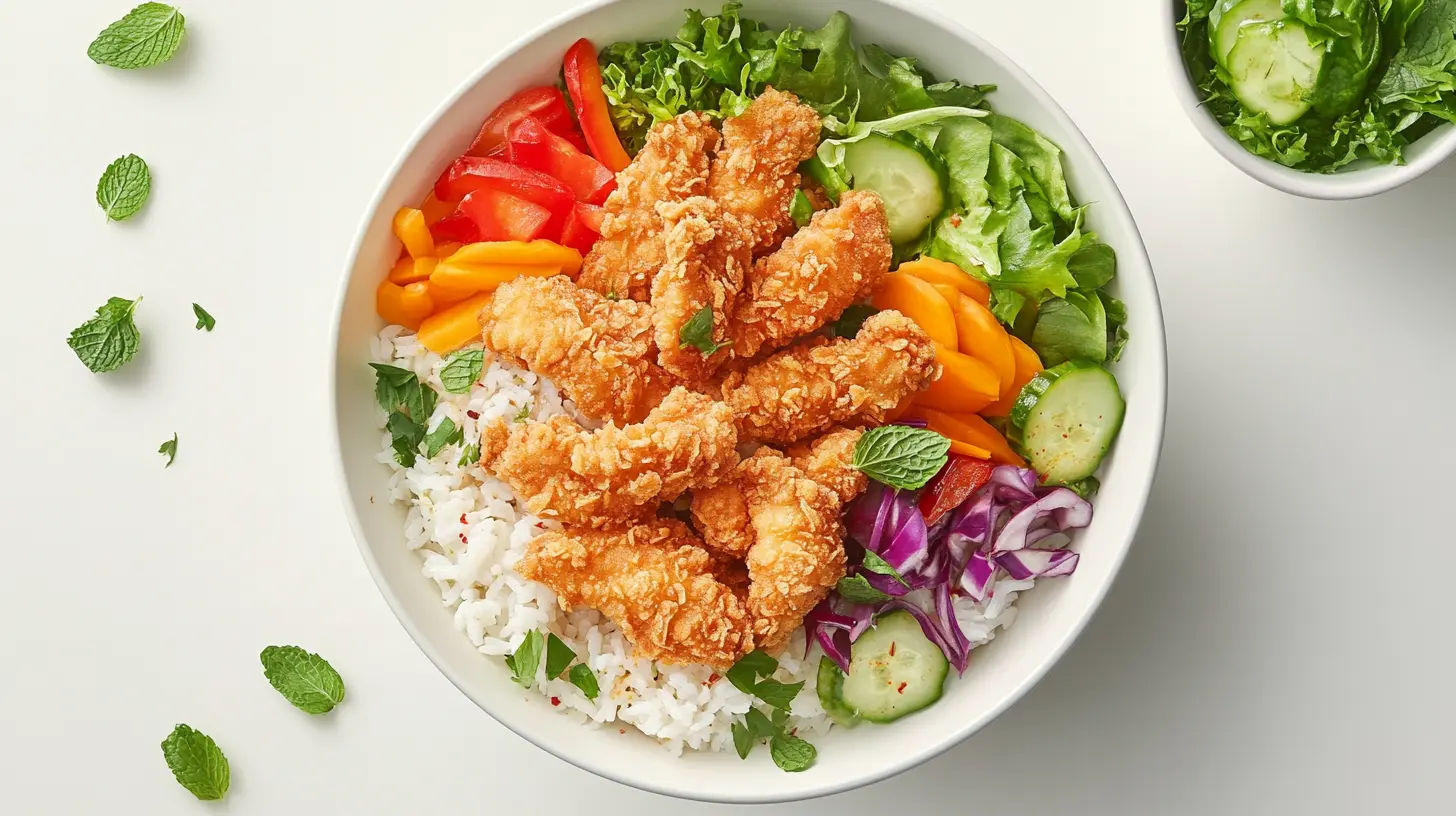 Crispy chicken rice bowl with veggies and mint sauce.