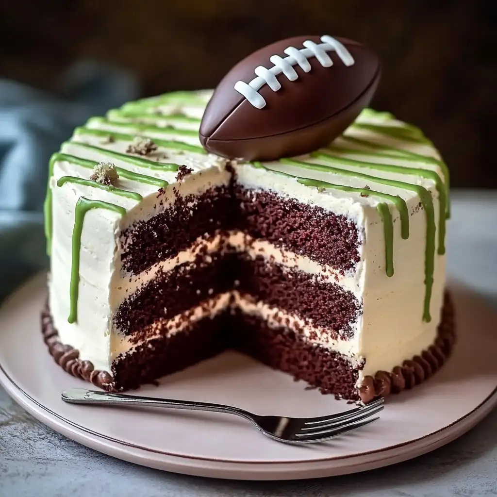 A sliced football cake showing layers of chocolate and frosting.