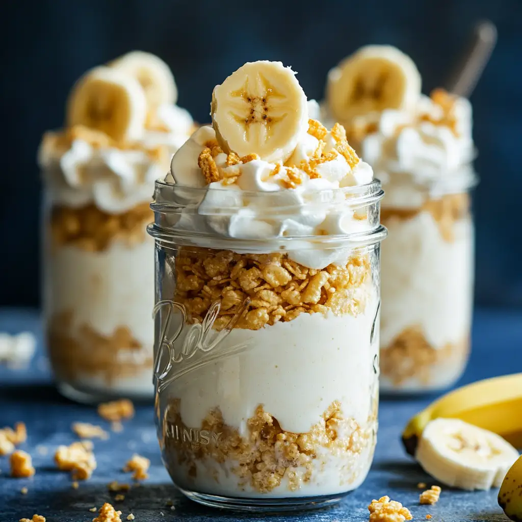 Mason jars filled with Banana Pudding Rice Krispies, layered with whipped cream and garnishes