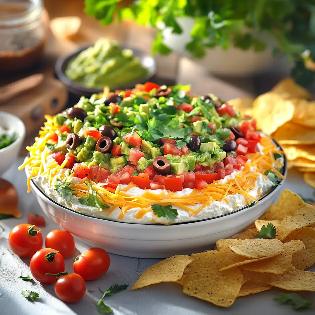 Layered taco dip recipe with vibrant toppings and tortilla chips.