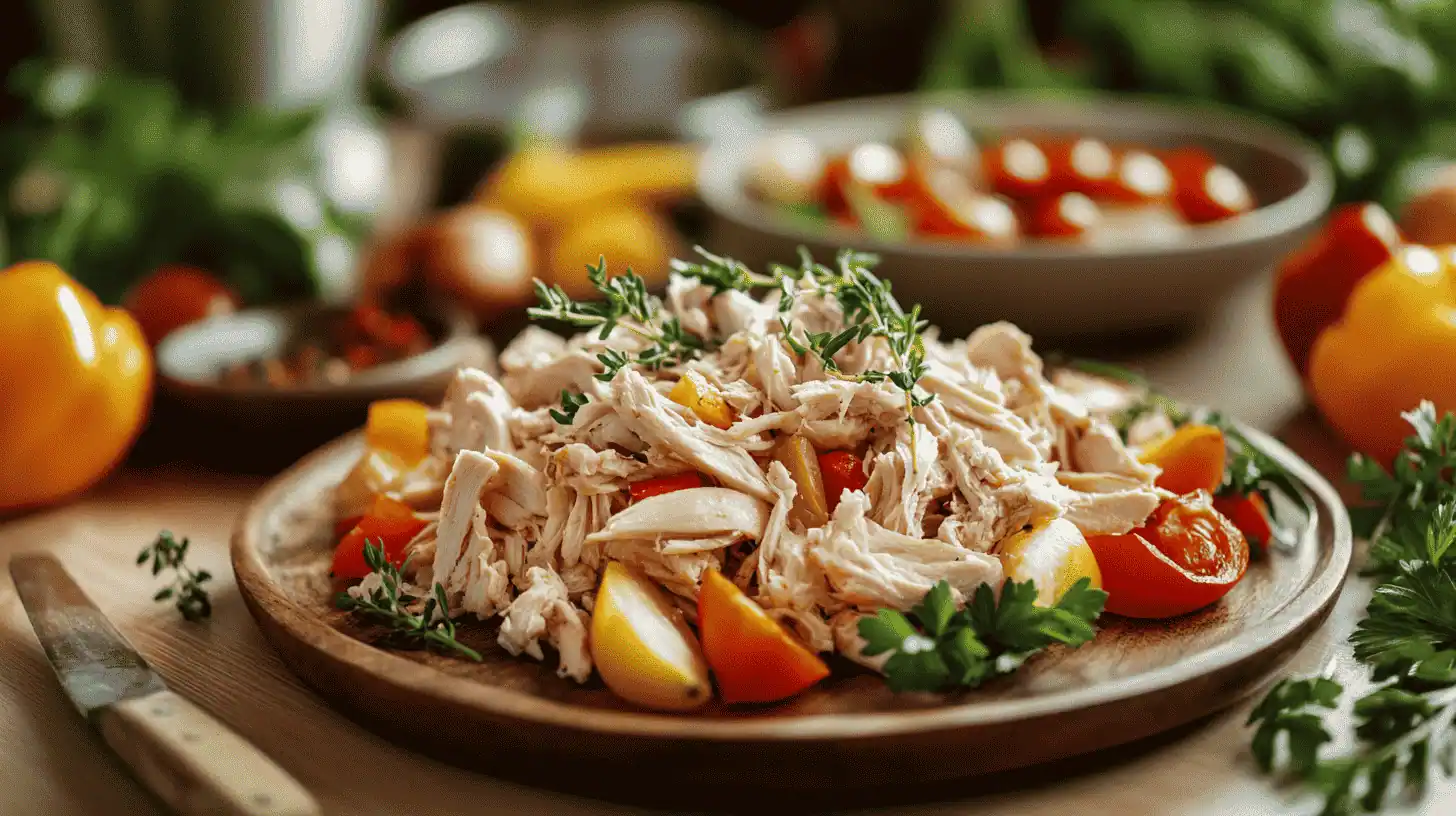 Shredded rotisserie chicken surrounded by fresh ingredients on a rustic table.