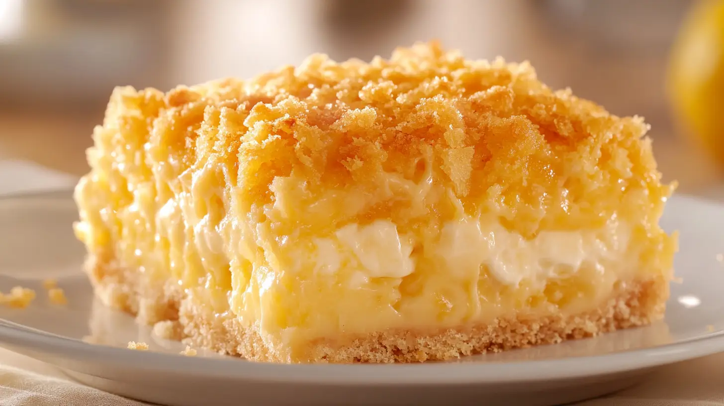 A freshly baked Lemon Cream Cheese Dump Cake with a golden crust and gooey lemon filling.